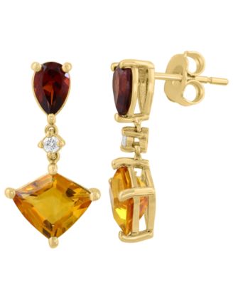Citrine (2 ct. t.w.), Garnet (1 ct. t.w.) and Diamond (1/20 ct. t.w.) Drop Earrings in 14k Yellow Gold