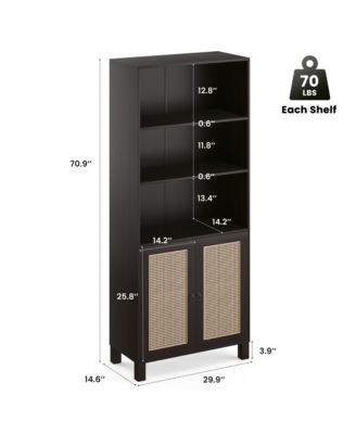 71" Tall Bookshelf, 5 Tier Wood Storage Bookcase with Rattan Doors and Ample Storage Space for Living Room, Home Office