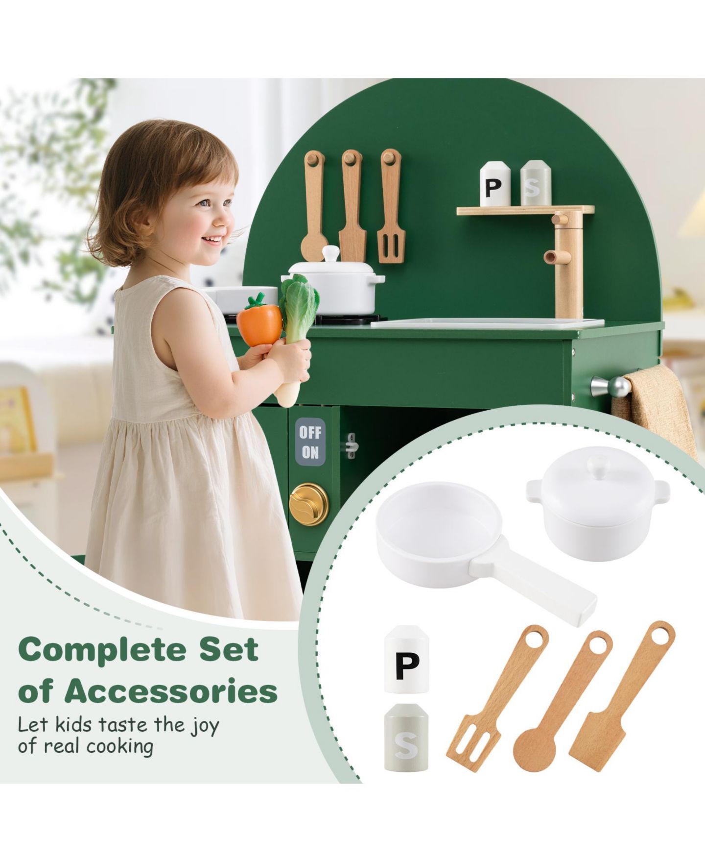 Детская игрушка Mecale Wooden Play Kitchen with Stove, Microwave, Oven, and Sink, Ages 3+, цвет: Зелёный — фото 6