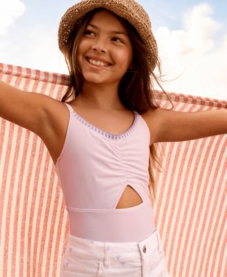 Girls' Cinched Cutout Round Neck One-Piece Swimsuit