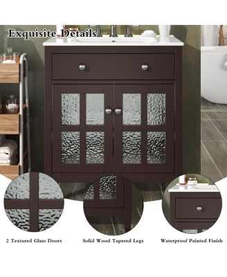 Bathroom Vanity with Sink, Modern Solid Wood Cabinet with Textured Glass Doors, Flip-Out Tray & Adjustable Shelf