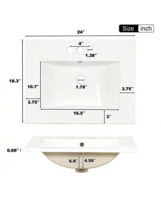 24" Black Bathroom Vanity with Ceramic Sink, Modern Freestanding Solid Wood MDF Cabinet, 3 Drawers Soft Close Door for Small Spaces