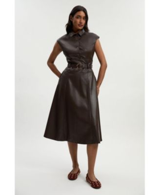 Women's Faux Leather Belted Midi Dress