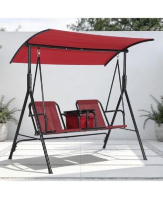 2-Person Porch Swing with Cup Holders, Pivot Storage Table & Cooler Bag, Adjustable Canopy, Steel Frame Outdoor Patio Swing for Backyard