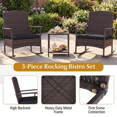 3 PCS Patio Rocking Set Wicker Rocking Chairs with 2-Tier Coffee Table