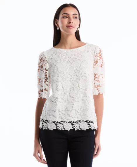 Petite Scalloped Elbow-Sleeve Lace Top - Star White