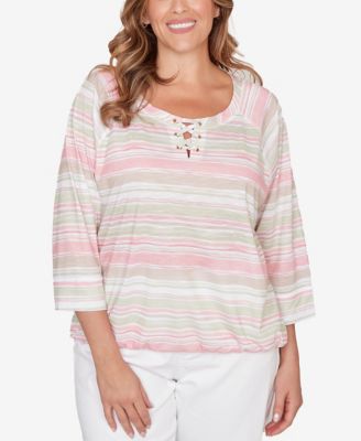 Plus Size Printed Slub Blouson with Lace Up Neck