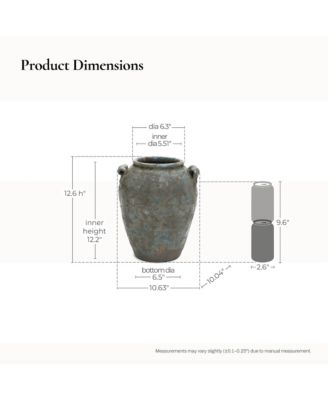 Antiqued Blue & Brown Terracotta Vase with Handles, 12" Tall Farmhouse Vintage Pottery