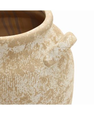 Vintage Pottery Off-White with Brown 15.75-Inch Tall Round Ceramic Vase