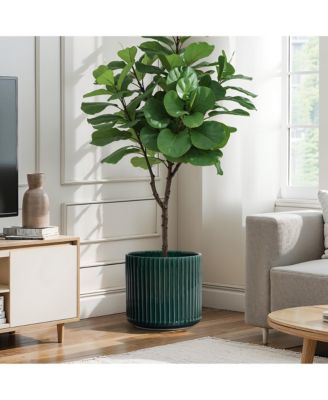 Jade Green Ribbed 13.8-Inch Round Ceramic Planter