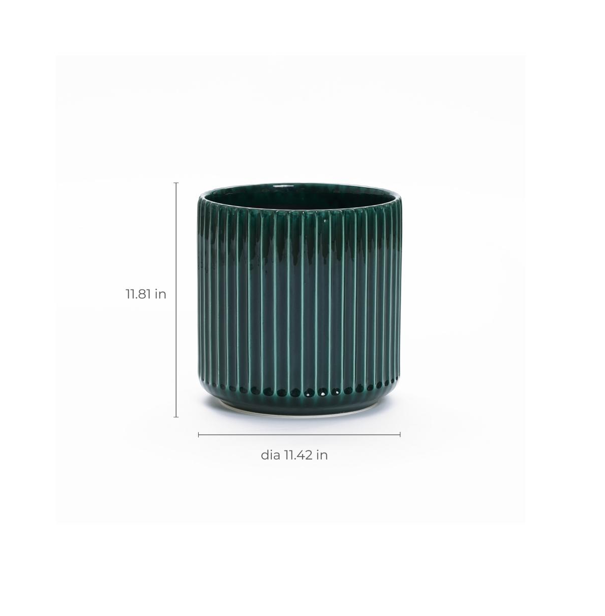 LuxenHome Jade Green Ribbed -Inch Round Ceramic Planter