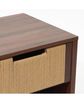 Walnut Finish MDF Wood with Rope Front 1-Drawer Nightstand and End Table