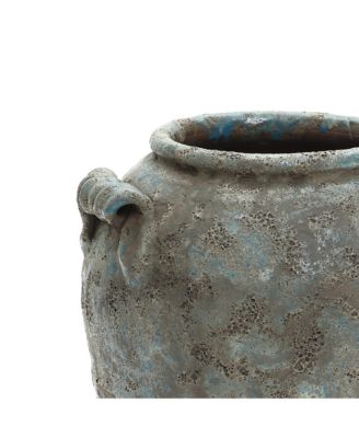 Antiqued Blue & Brown Terracotta Vase with Handles, 12" Tall Farmhouse Vintage Pottery