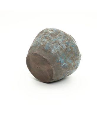 Antiqued Blue & Brown Terracotta Vase with Handles, 11" Round Farmhouse Vintage Pottery