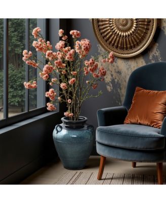 Ocean Blue Ceramic Vase with Handles, 15.75" Tall Amphora Pot for Rustic or Coastal Decor