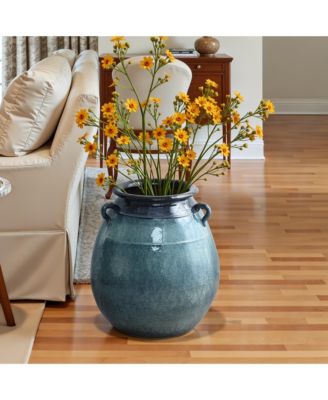 Ocean Blue Ceramic Vase with Handles, 17.5" Tall Rounded Pot for Rustic or Coastal Decor