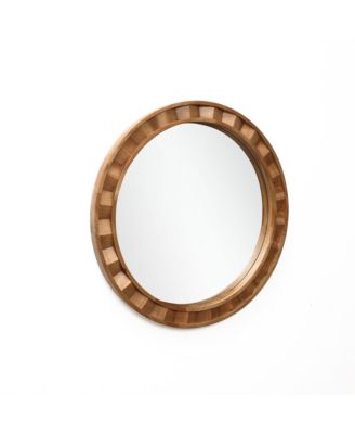Natural Wood Frame Round Wall Mirror, 28” Rustic Wooden Decor