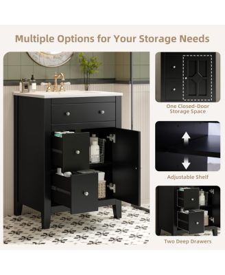 24" Bathroom Vanity with Ceramic Basin, Modern Cabinet with 2 Drawers, Soft-Closing Door & Adjustable Shelf for Small Bathrooms