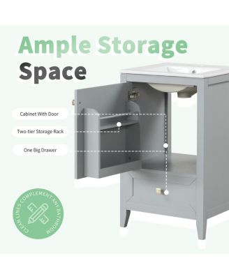 20" Bathroom Vanity with Ceramic Sink, Modern Freestanding MDF Cabinet, Storage Rack Drawer Soft Close for Small Spaces