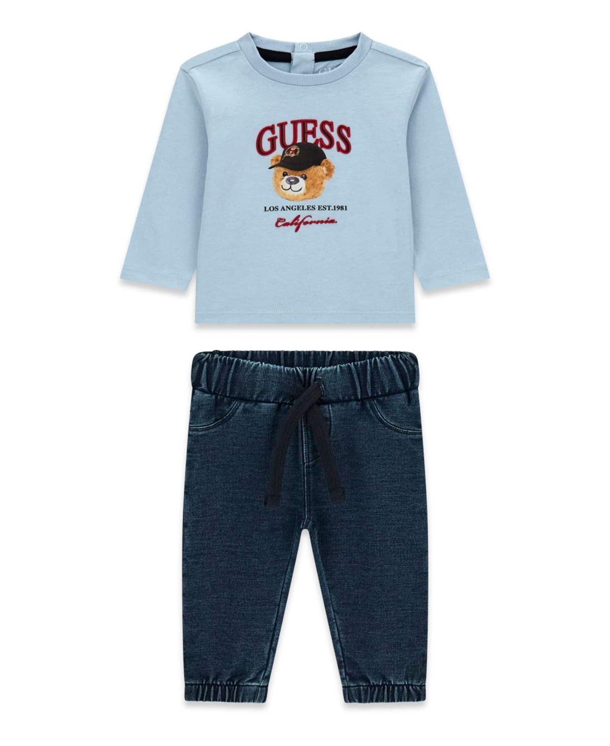 Guess Baby Boys' Long-sleeve Top And Knit Denim Pants, 2-piece Set In Blue