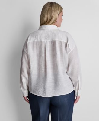 Plus Size Long-Sleeve Collared Organza Blouse