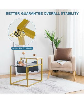 2 Tier End Side Table Metal Frame Nightstand with Storage Shelf Living Room