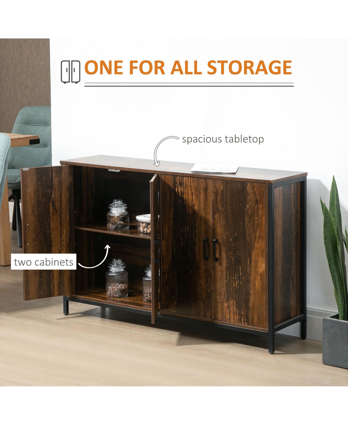 Homcom Industrial Sideboard Buffet Storage Cabinet with Adjustable Shelves Rustic Brown