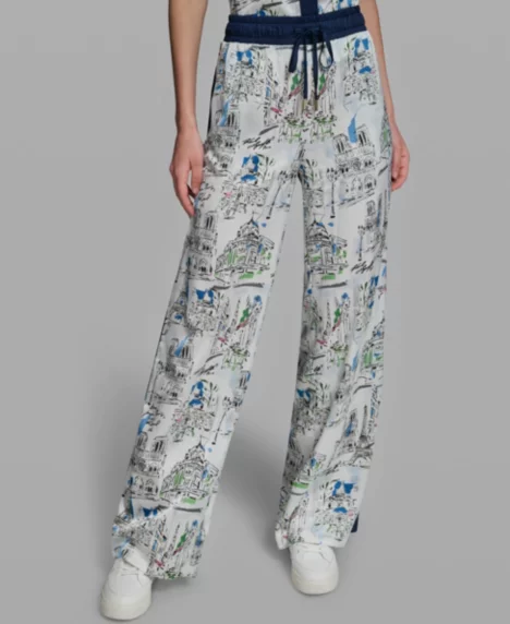 Women's Mid-Rise Wide-Leg Printed Pants, Regular & Petite - Naval Academy/Soft White