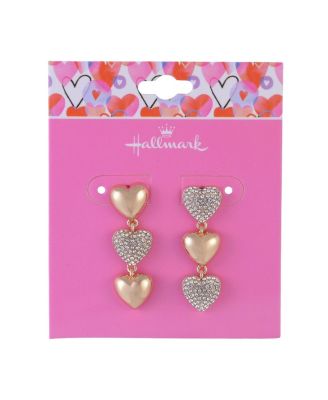 Linear Gold Tone Heart Earrings with Pave Stones