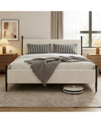 Bed Frame - with Vertical Stripes headboard, Corduroy upholstered Bed upholstered Bed Frame with Vintage Metal Legs, Easy Assembly,