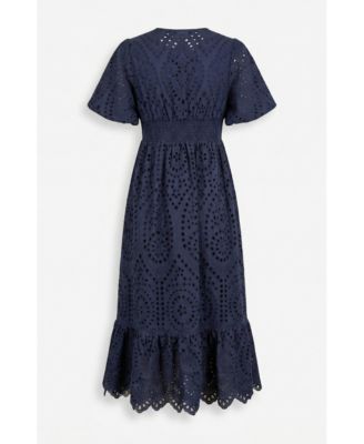 Women's Puff-Sleeve Eyelet Smocked-Waist Midi Dress