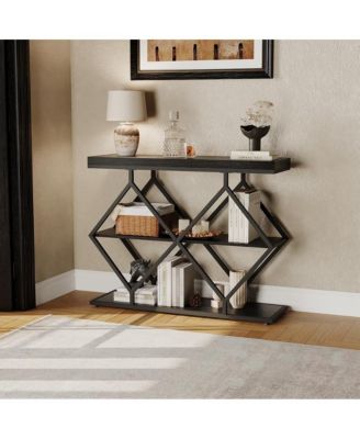 3-Tier Narrow Farmhouse Console Table for Living Room – Entryway Accent Furniture with Storage Shelves, Geometric Metal Legs, Easy Assembly