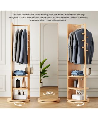 360° Rotating Full Length Mirror, Solid Wood Freestanding Coat Rack with Storage Hanger, Open Shelves for Living Room and Cloakroom
