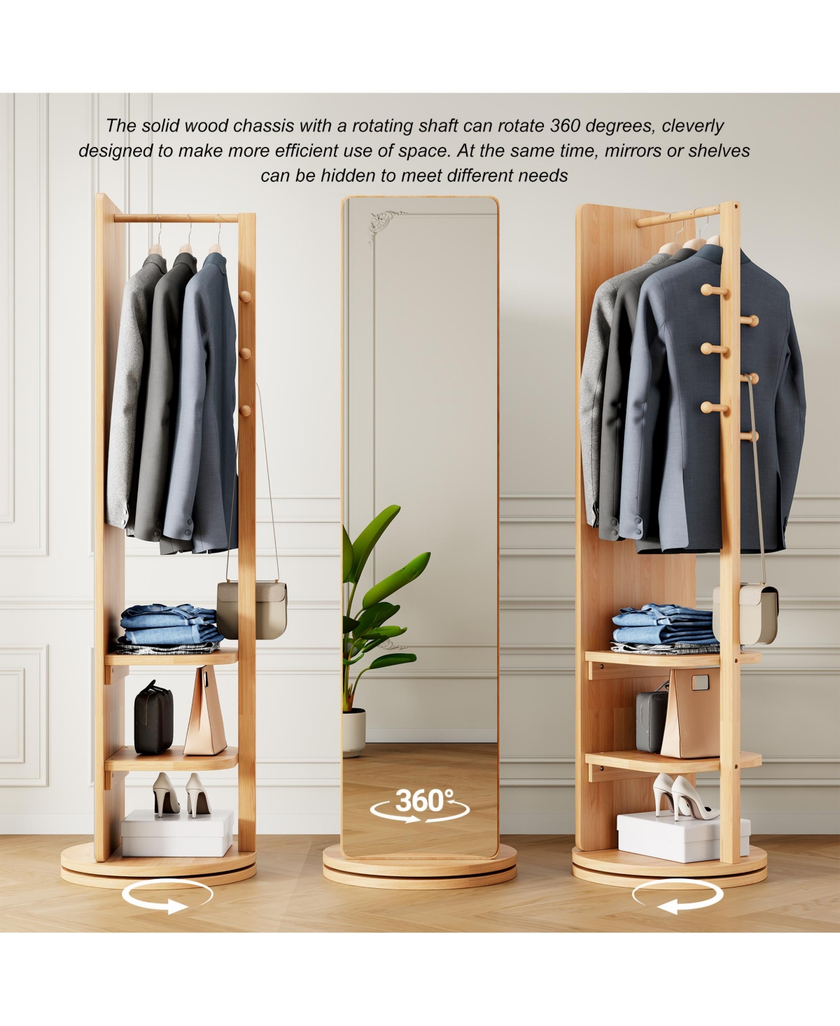 Rainsken 360° Rotating Full Length Mirror, Solid Wood Freestanding Coat Rack with Storage Hanger, Open Shelves for Living Room and Cloakroom