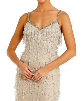 Women's V-Neck Net Gown with Thin Straps and Elegant Embellishments