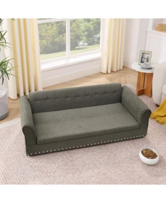 Oversized Pet Sofa, Modern Linen Fabric Elevated Dog Bed with Backrest & Armrest for Large Dogs