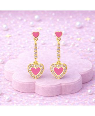 Girls 18K Yellow Gold Plated Hypoallergenic Pink Heart Drop Earrings