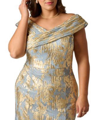 Plus Size Foil Leaf Off-The-Shoulder Mermaid Gown