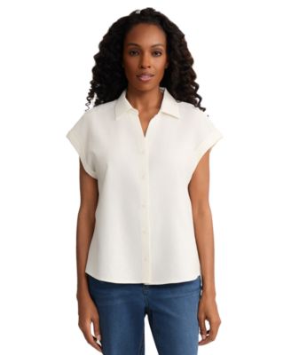 Petite Collared Short-Sleeve Button Blouse