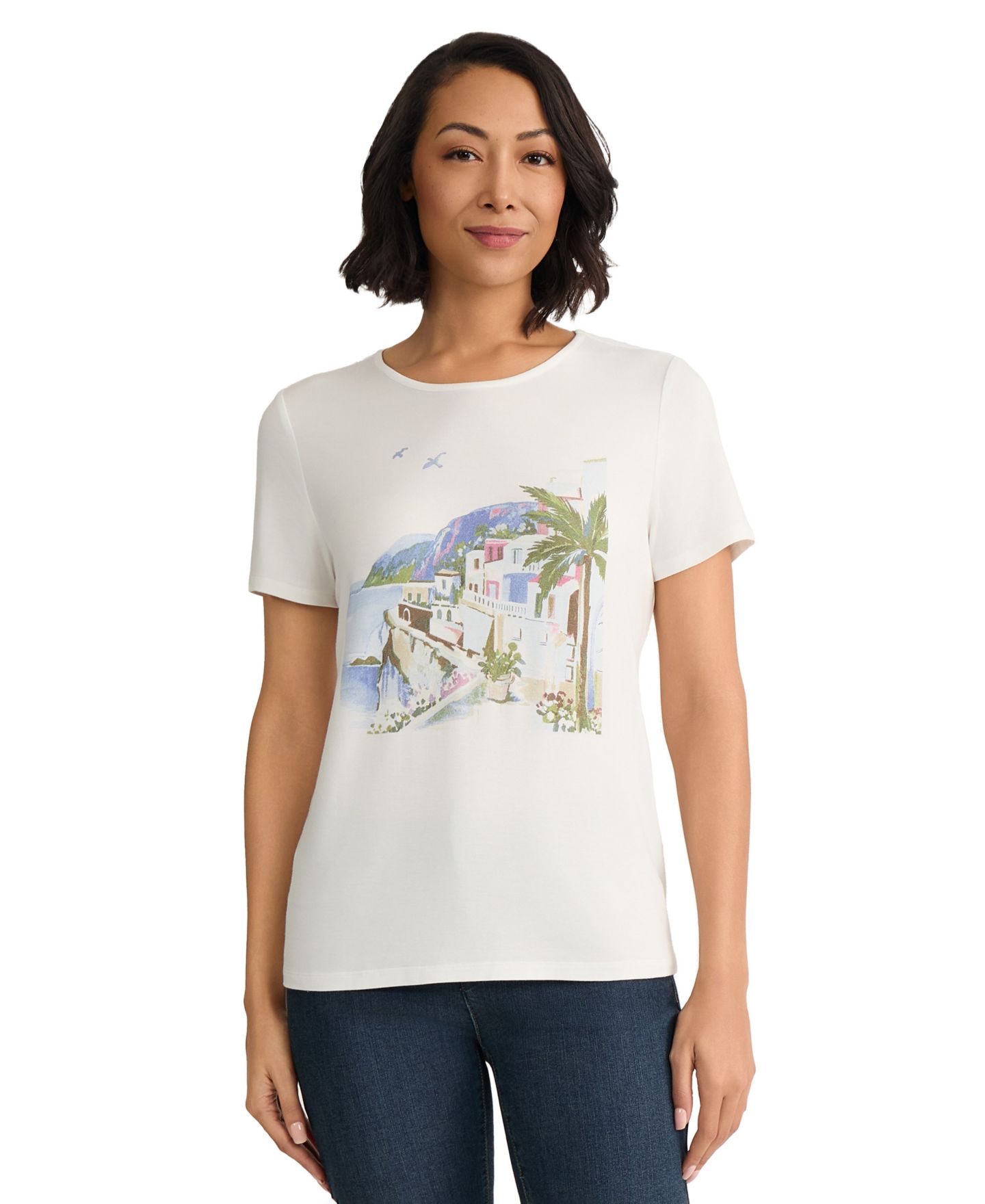 Женская футболка Jones New York Petite Crewneck Short-Sleeve Graphic, цвет: Натуральный белый — фото 1