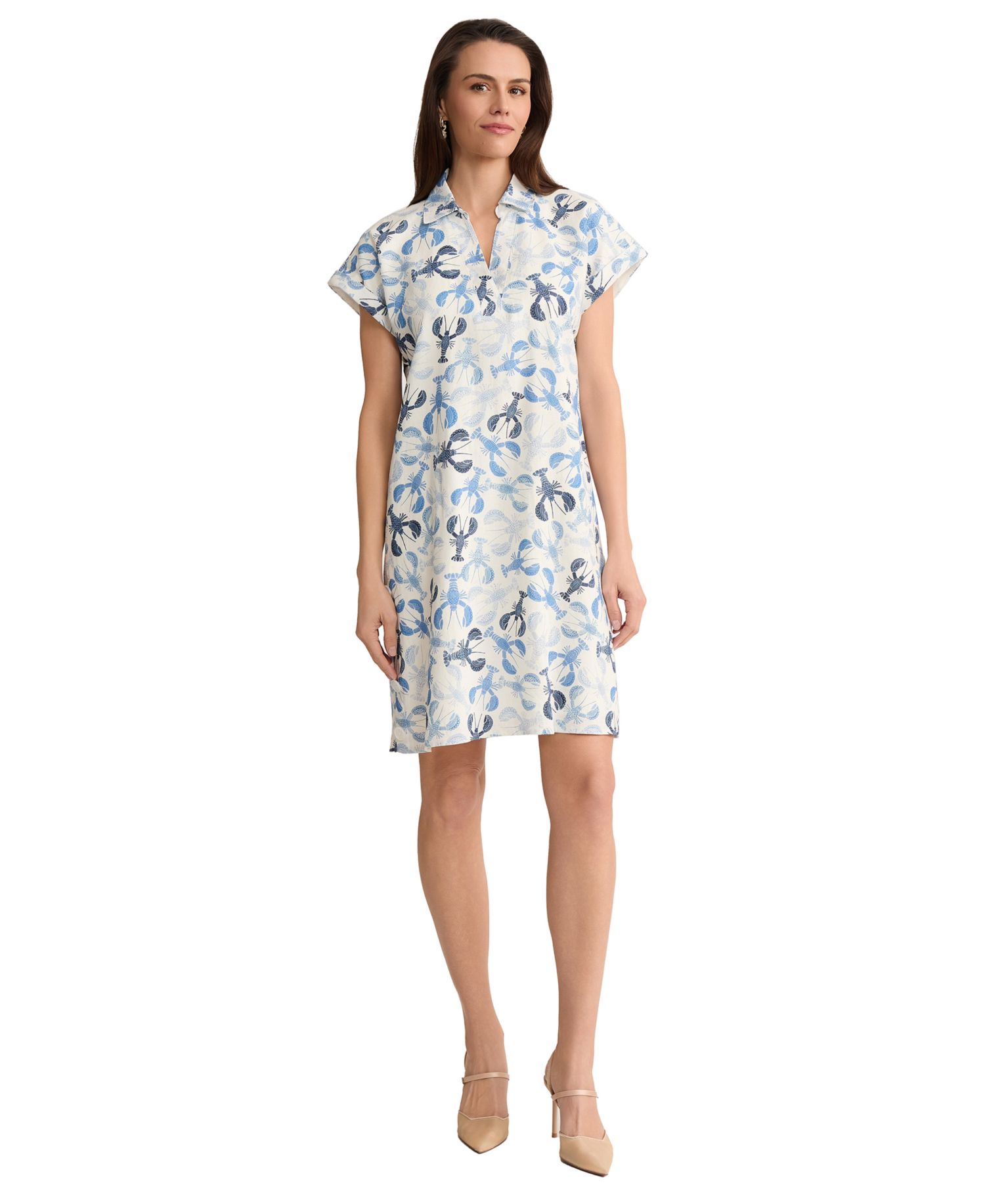 Petite Short-Sleeve Collared V-Neck Linen Printed Dress