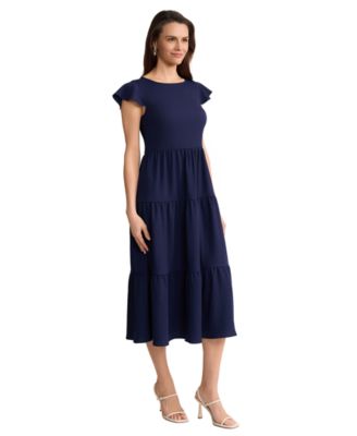 Petite Boat Neck Flutter-Sleeve Tiered Midi Dress