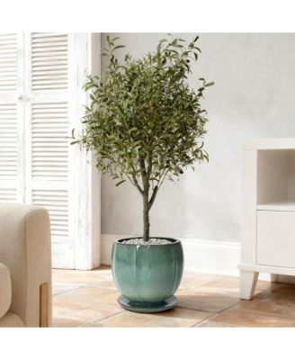 Glossy Gradient Teal Ceramic Planter, 10-Inch Tall Ridged Container with Connected Tray