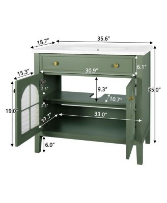 36" Bathroom Vanity with Sink, Medieval Glass Doors, Motion Lighting, Flip Drawer & Adjustable Storage for Modern Bathrooms