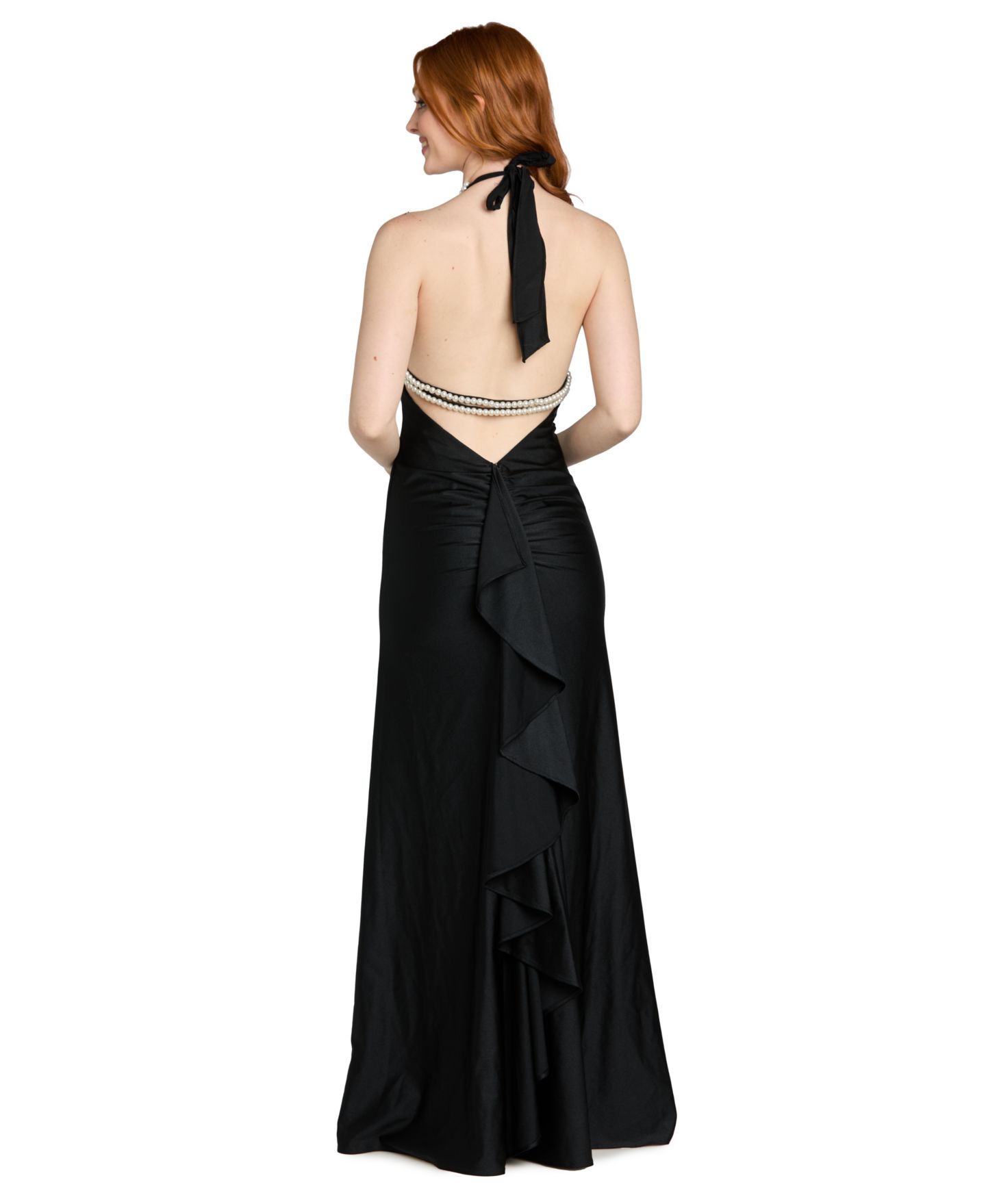 Женское платье Morgan & Company Juniors' Imitation-Pearl Halter Neck Long Gown, цвет: Чёрный — фото 4