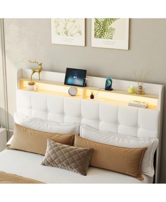 Full Size Bed Frame with 2 Storage Drawers, Upholstered Bed Frame Full with LED Light, Double-Layer Bedside Headboard with Charging Socket