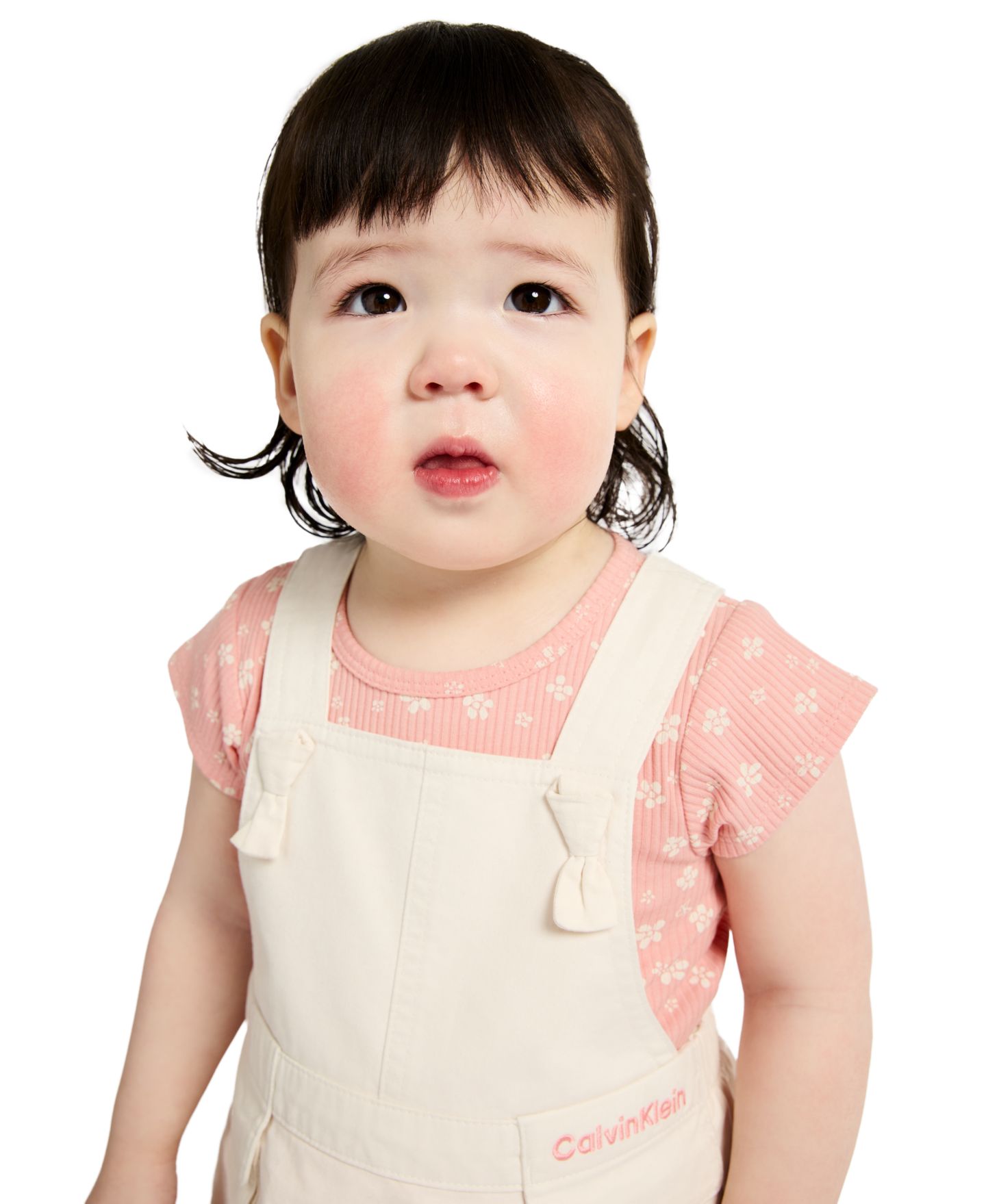 Комплект Calvin Klein Ribbed Printed Bodysuit & Denim Overall, 2-Piece Set для девочек-малышей, цвет: Кремовый / Розовый — фото 3