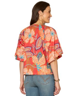 Petite Bubble Bell-Sleeve V-Neck Printed Woven Top