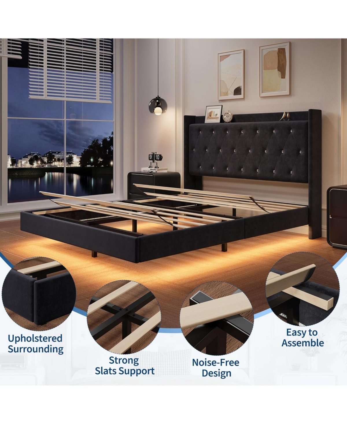 gaomon Bed Frame with Led Lights, Modern Wood Floating Bed Frame with Storage