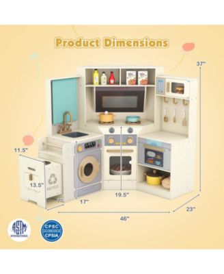 Corner Kitchen Toys with Lights & Sounds, Pull-Out Trash Can & Stove for Kids